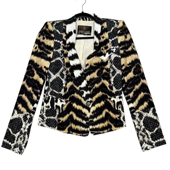 NEW- NWOT Roberto Cavalli Silk Blazer Jacket 38 Animal Print Snake Tiger - Picture 2 of 8